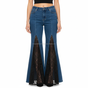 Hot Sale Women's High Waist Lace Patchwork Flare Breathable Eco-Friendly Y2K Sexy Hollow Bell Bottom Denim Jeans Streetwear Plus