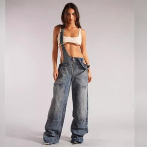 Sexy Backless Vintage Full Length Denim Straight Pants Loose Pockets Distressed Washed Casual Jumpsuits Women Jeans Overalls