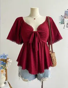 Casual Simple Hollow Tops Eyelet Short Puff Sleeve Shirt V-Neck Knitted Products Tops for Women Ootd Women T Shirt