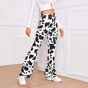Custom Washed High Quality Elastic Wide Leg Cow Print Skinny Slim Fit Micro Flared High Waist Women's Jeans Wholesale