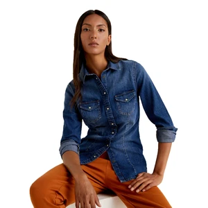 Women's Casual Eco-Friendly Quick Dry Anti-Wrinkle Cotton Denim Blouse Double-Layer Collar Button Front Long Sleeves Plain Dyed