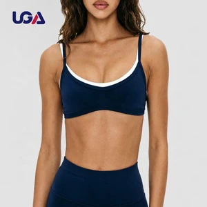 Eco-friendly Custom Contrast Color Blocking Activewear Biker Short Layered Sports Bra Striped Yoga Set