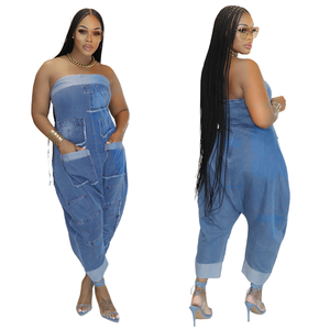 QN5006 High Quality Denim Overalls Jumpsuit Women Multiple-Pocket Patchwork Loose Strapless Jean Cargo Jumpsuits for Women