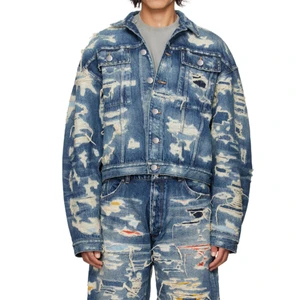 OEM Custom Men's Multi Pocket Denim Coat Jacket Distressed Ripped High Street Loose Denim Jeans Jackets For Men