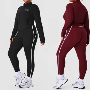 Plus-Size Color-Blocked High-Waisted Sheer Yoga Set for Women Fitted Stand-Up Collar Jacket and Running Workout Pants Set