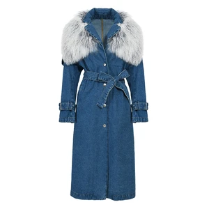 Lady Fashion Women's Denim Jackets & Coats Wholesale Jean Long Slim Denim Trench Coat With Real Mongolian Fur Collar for Women