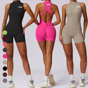 12 Colors Women's Zip up Yoga Shorts Jumpsuit Cut Out Backless Padded Workout Playsuit Athletic Bodysuit One Piece Sport Rompers