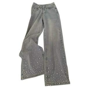 Ladies Denim Jeans Light Wash High Waist Xl Loose Fit Wide Leg Elegant Hot Drilling Full Length