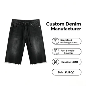 Custom Men's Denim Shorts | Black Vintage Washed Frayed Hem Loose Fit OEM/ODM