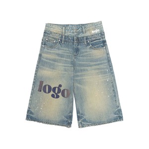 2026 Custom OEM/ODM Logo Graphic Printing Cotton Pocket Mid Washed Relaxation Tattered Button Fly Denim Shorts For Men