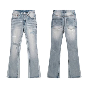 Slim Fit Breathable Patchwork Flared Men's Jeans Manufacturer Customized High Quality Streetwear Washed Paint Embroidery Jeans