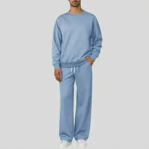 OEM Wholesale Knitted Fabric 2 Piece Sweatsuits Men's Pullover Crewneck Sweatshirt Straight Baggy Sweatpants Athletic Casual