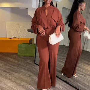 European and American Plus Size Women's Spring New Casual V-Neck Long Sleeve Top Wide Leg Pants Suit