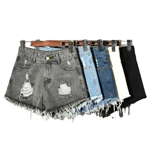 High Quality Fashion Summer Plus Size Wide Leg Shorts White Blue Black Gray Broken Hole High Elastic Women's Denim Shorts