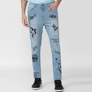 Wholesale New Men Denim Straight Mid Waist Side Pocket Outdoor Jeans Button Fly Ripped Long Casual Pants Large Size