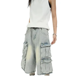 Vintage Summer Cropped Jeans Retro American Style Mid-Waist Denim Old Washed Tooling Loose Casual Short Jeans