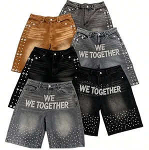 Manufacturer OEM Custom Rhinestone Denim Shorts Streetwear Stone Washed Distressed Retro Oversize Black Men's Jorts Jeans Shorts