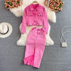 Denim Women's High Waist Hip Skirt Two-piece Suit Spring Autumn Denim Set Ladies Top and Skirt Set