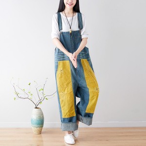 Y0308 New Contrasting Patch Denim Jeans, Distressed Corduroy, Women's Plus Size Wide Leg Overalls