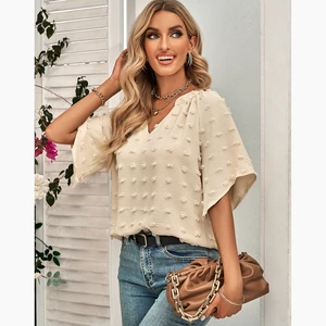 New Arrivals Women Clothes Casual Style V-neck Solid Color Short Sleeve Shirt Womans Ladies Tops Blouses