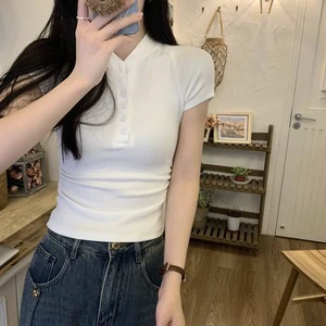 Women White Polo Neck Short Sleeve Knitted T-Shirt Slim Fit Solid Casual Spring Summer Top