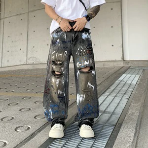 Custom Men Graffiti Jeans Baggy Straight Leg Ripped Distressed Wash Faded Blue High Waist Stretch Four Seasons OEM
