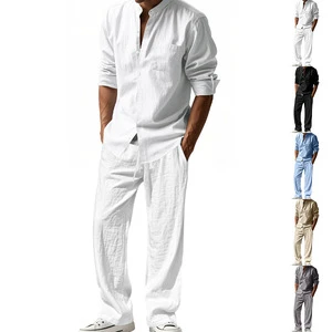 Men's Suit Set Casual Loose Breathable Long-Sleeved Trousers Shirt Solid Beach Suit for Summer