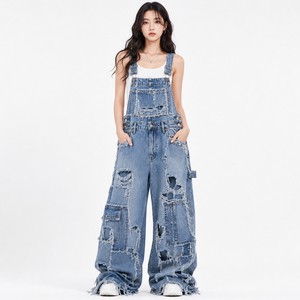 Women's Denim Overalls High Waist Loose Fit Full Length Ripped Patchwork Wide Leg Street Wear Casual Jumpsuit