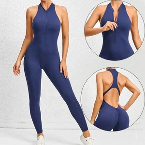 Women's Sports T-Shaped Jumpsuit with Sexy Front Zip Half Zipper Sleeveless Trousers One-Piece Hollow Suit with Custom Logo