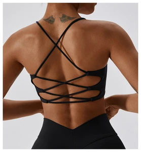 Solid Color Spaghetti Straps Cross Back Gym Yoga Top Shockproof With Chest Pad Women Fitness Sports Bra