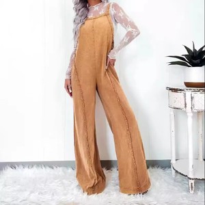 Spring and Summer Women's New Casual Fashionable Loose Denim Overalls Retro Washed Fringed Wide Leg Mid Waist Jumpsuit