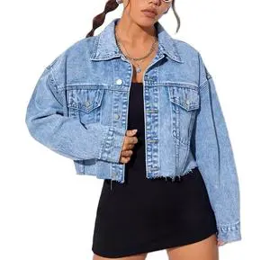 Women Distressed Regular Denim Jacket Slim Fit & Oversized Knitted Woven Windproof Breathable Long Sleeves Vintage Fashion