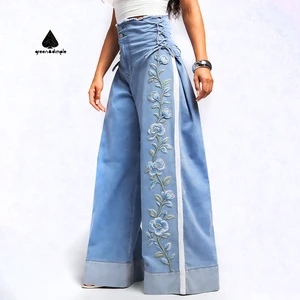 Pantalones De Mujer Jeans High Waist Wide Leg Jeans Side Drawstring Plus Size Denim Pants Washed Daily Casual Jeans