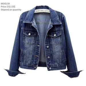 Autumn Elegant Women's Denim Jacket Vintage Washed Solid Pattern Breathable Eco-Friendly Finished Knitted Spandex Lining Front