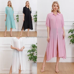 Jinru OEM Custom Button Down Solid Color Sun Thin Coat Cover-Up Sexy Bikini Beach Shirts for Women