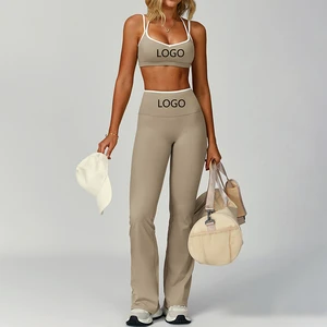 LOGO Custom Women 2 Piece Pilates Yoga Set OEM Quick Dry Stretch Fitness Wear Include Yoga Bra and Flared Pants