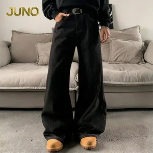 Wholesale Men's Black Oversized Wide Leg Jeans High Waist Baggy Denim Pants with Curved Seam Streetwear Trousers for Men