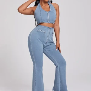 Women's Plus Size Y2k Style Zipper Halter Neck Crop Top High Rise Flared Leg Jeans Sets Medium Stretch Sexy Outfits Jeans Suit