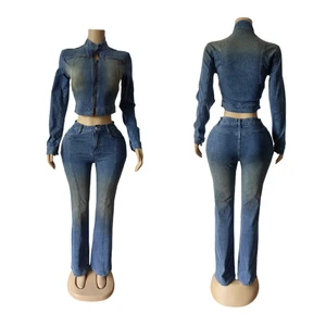 Women Solid Autumn Washed Elastic Long Sleeve Top Vintage Casual Flared Denim Two Pieces Pants Suit