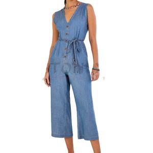 Premium Quality Women's Fashion Denim Jean Jumpsuit V-neck Regular Fit Breathable Eco-Friendly Knee Length Latest Design