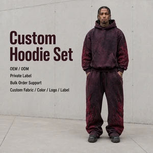 Custom Two Piece Set Men Burgundy Acid Wash Heavyweight Cotton Fleece Boxy Fit Applique Pattern Graphic Premium Tracksuit