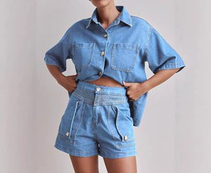 High Quality Women's Vintage Washed Denim Two-Piece Set Elegant Button Blouse Casual Short Jeans Shorts Turn Collar Short Sleeve
