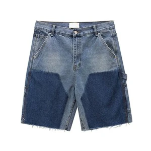 Men's Straight Woven Patchwork Denim Shorts Mid Waist Raw Edge Stonewashed Casual Summer Style Pockets Waterproof Eco-Friendly