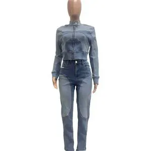Autumn Wholesale New Denim Outfit Women Two Piece Pants Set Fashion Sexy Patchwork Washed Denim Casual Suit Women