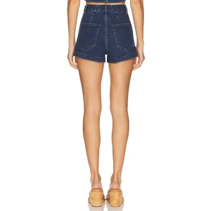 Women's High Waist Denim Shorts Regular Fit Dark Blue Summer Washed Back Pockets