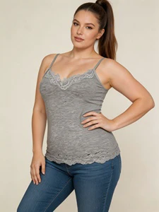 Plus Size Women Breathable Casual Lace V Neck Camisole Tops 6 Colors Adjustable Spaghetti Strap Sleeveless Trim Tank Top