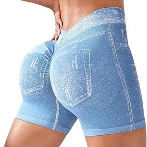 Custom Made Gym Booty Faux Denim Digital Print Biker Shorts 4-Way Stretch Butt Lifting Jean Style Breathable Women's Yoga Shorts