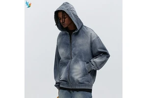 Oversized Zip-Up Streetwear Hoodie Embroidery Men's Vintage Washed Denim Hooded Jacket