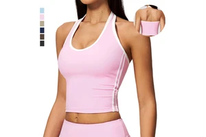 Women's Yoga Crop Top Backless Halter Tank Top Contrast Stitch Lightweight Breathable Stretch Quick Dry Fitness Workout Top
