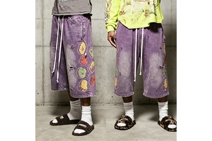 MZN Custom Men Purple Baggy Denim Shorts Ripped Graffiti Print Vintage Wash Streetwear Knee Length Jorts